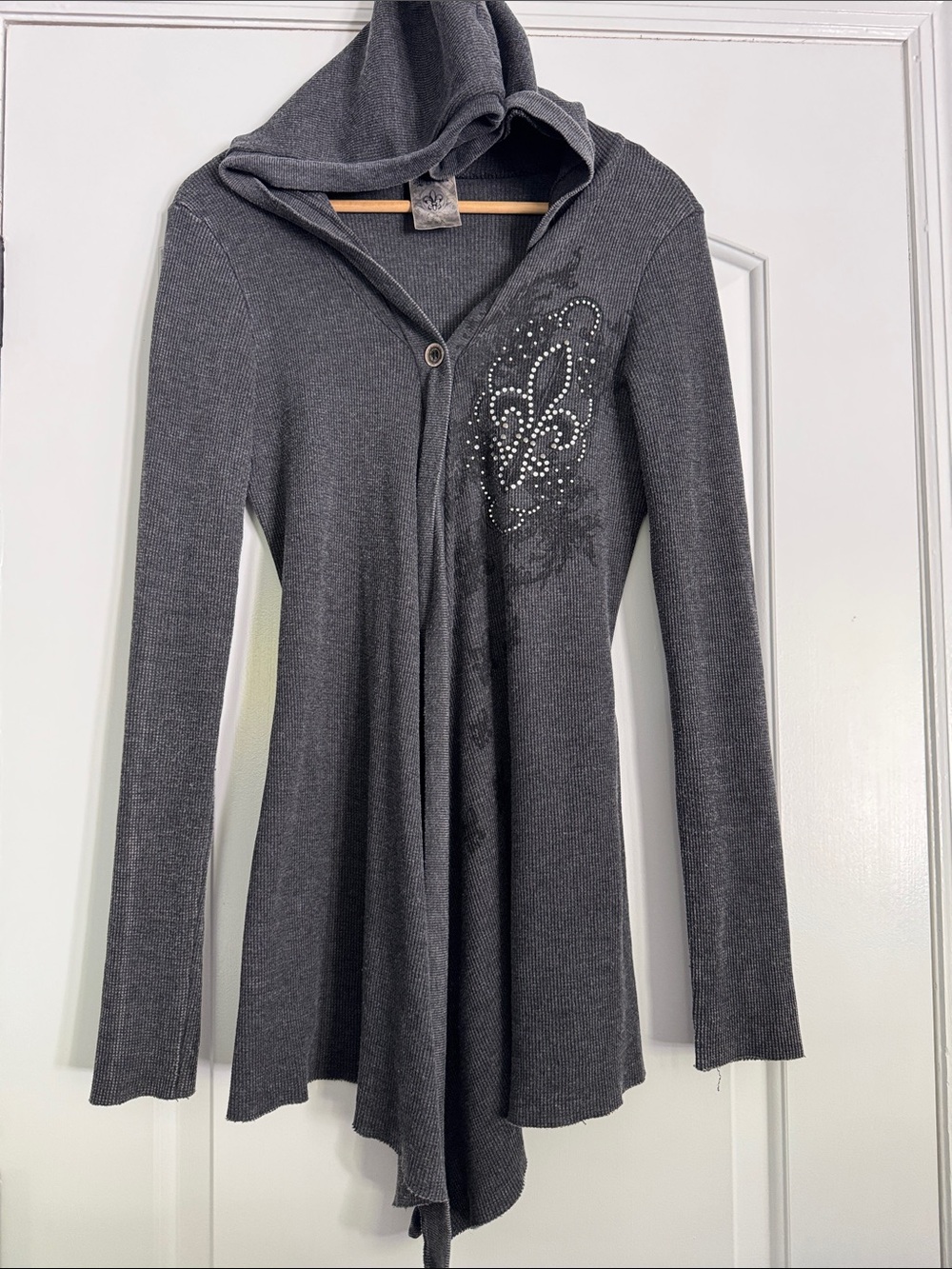 Vocal Charcoal gray distressed hooded crystal embellishments Y2K cardigan Sz M